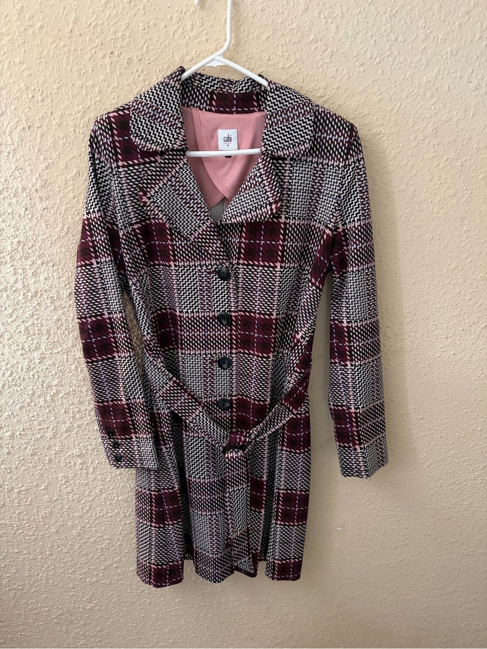CAbi Burgundy and Cream Plaid Belted Coat